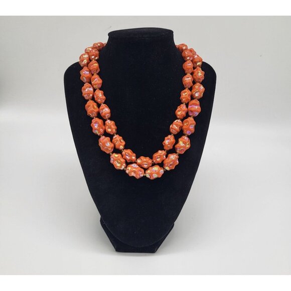 vintage Jewelry - Vintage Austria Iridescent Molded Lumpy Coral Color Bead Necklace